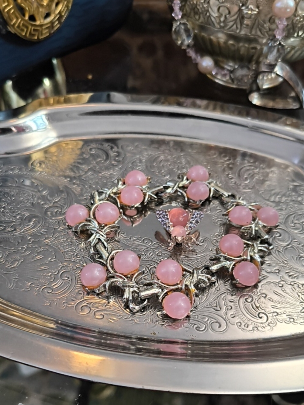 Vintage Silver-Tone Moonglow Bead & Rhinestone Statement Link Bracelet